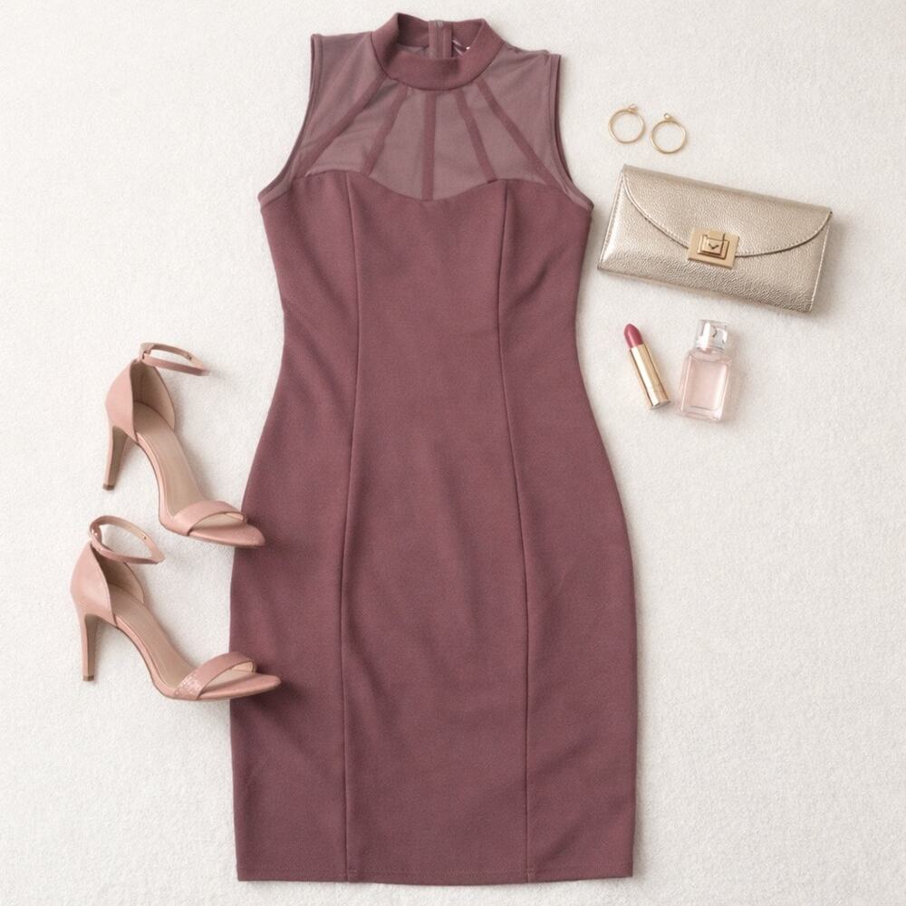 Charlotte Russe Mauve Mesh Neck Bodycon Midi Dress Size S